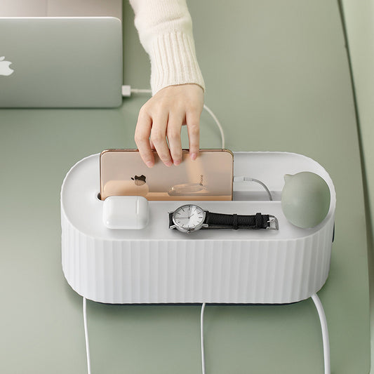Power Strip Cable Management Box — Cord Organizer with Phone Holder for Home Office Desk