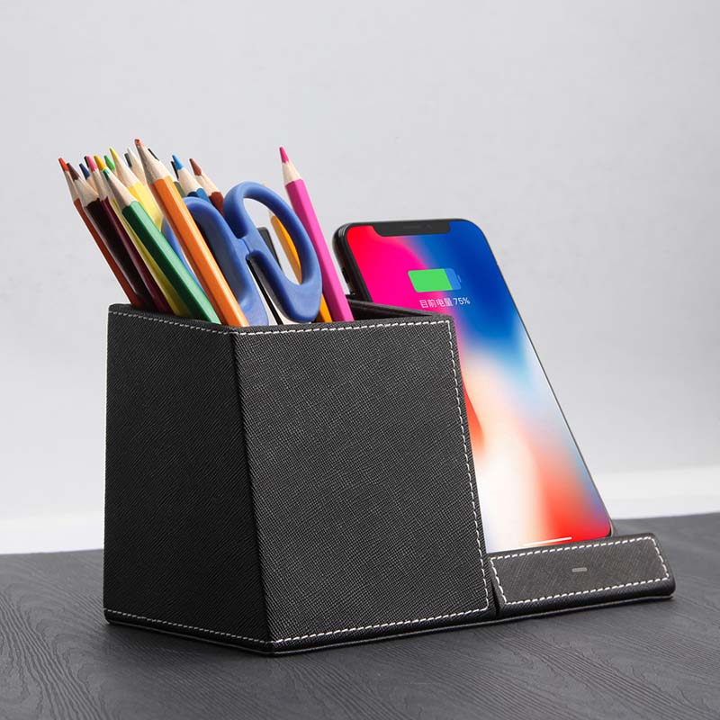 Wireless Charging Pen Holder — Desk Organizer with Fast Wireless Charger for iPhone & Samsung