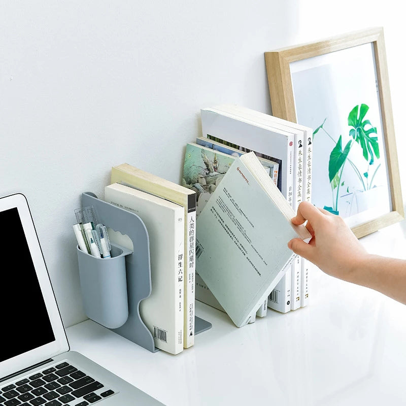 Expandable Bookend Organizer with Pen Holder — Adjustable Retractable Book Stand for Home Office Desk