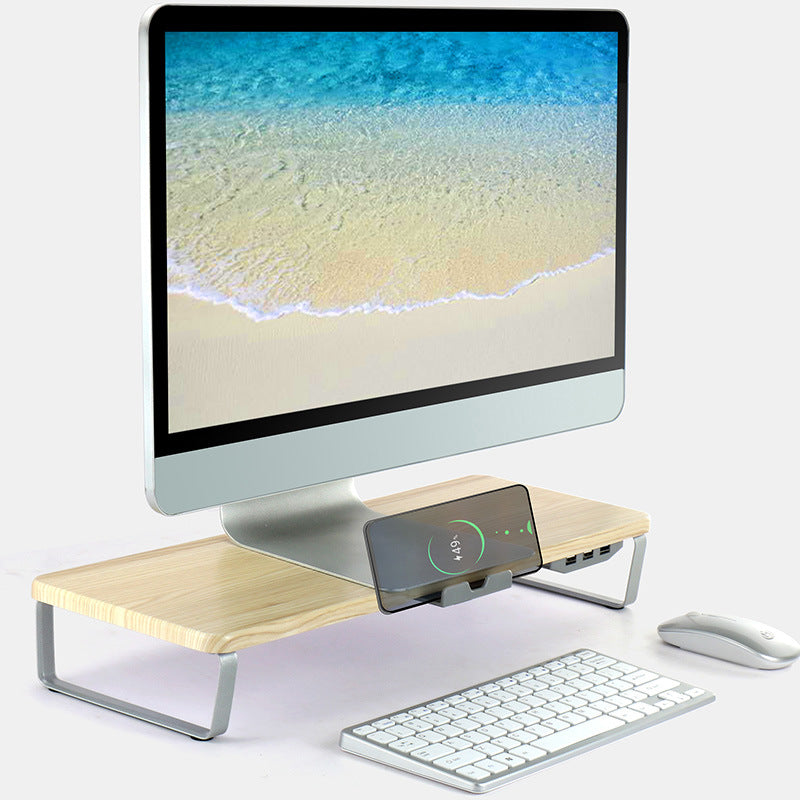 Monitor Stand Riser with USB Ports — Wood & Metal Desk Riser with Phone Holder for Home Office