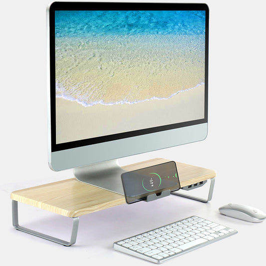 Monitor Stand Riser with USB Ports — Wood & Metal Desk Riser with Phone Holder for Home Office
