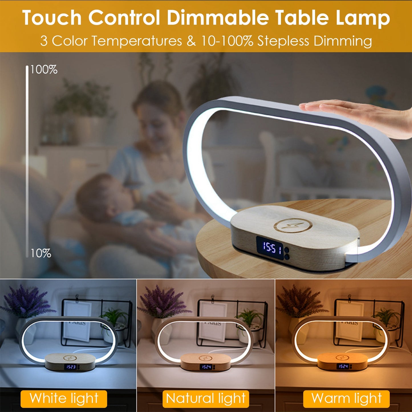Oval LED Desk Lamp with Wireless Charging & Digital Clock — Touch Dimmable Home Office & Work From Home Desk Light