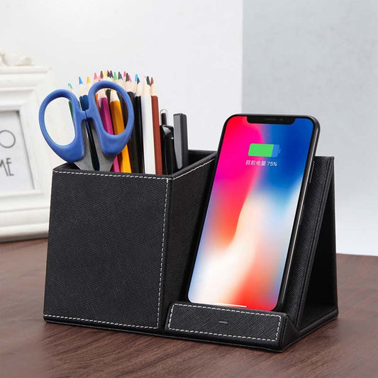 Wireless Charging Pen Holder — Desk Organizer with Fast Wireless Charger for iPhone & Samsung
