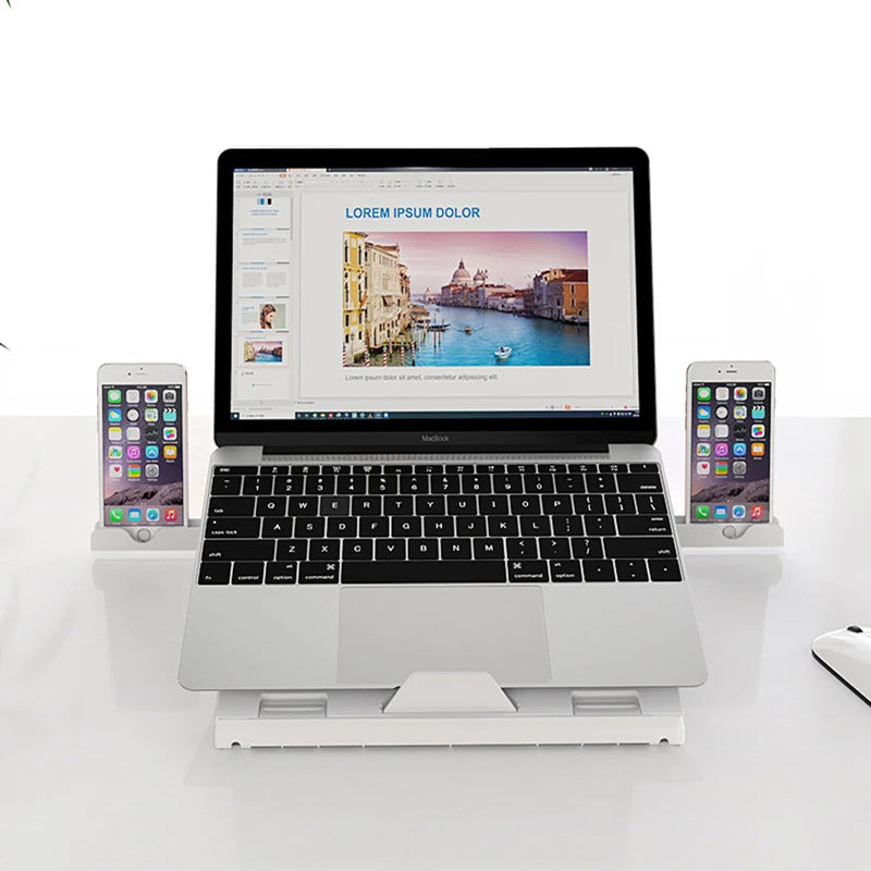 Adjustable Laptop Stand with Dual Phone Holders — 9-Level Ergonomic Riser with Heat Vent for Home Office
