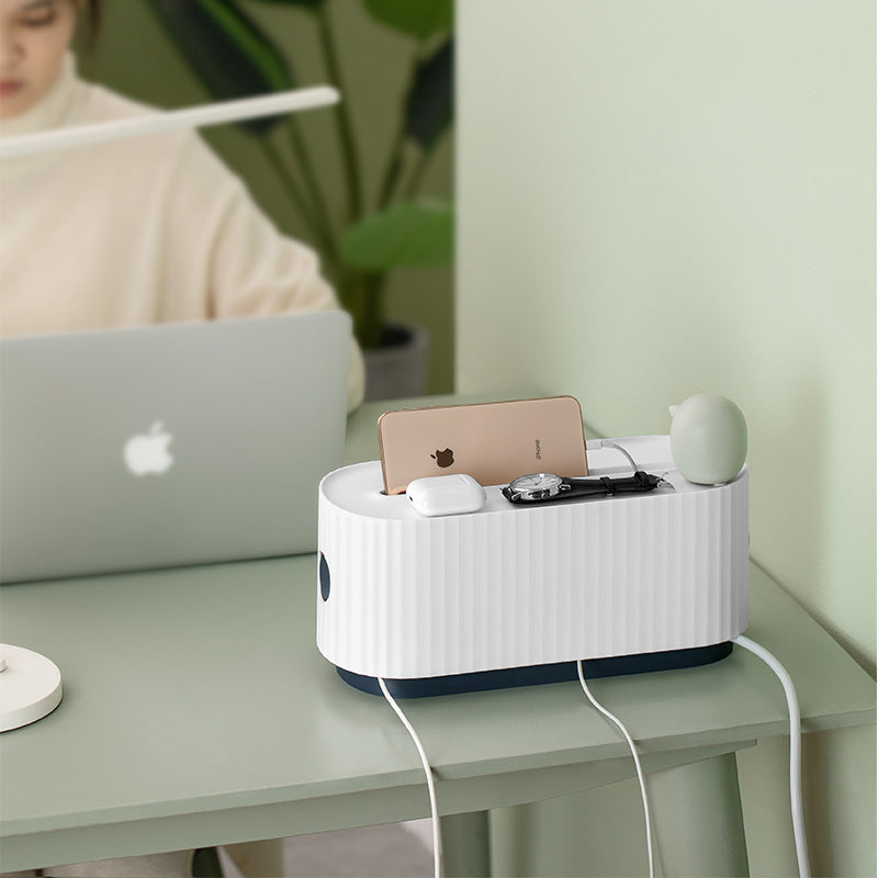 Power Strip Cable Management Box — Cord Organizer with Phone Holder for Home Office Desk