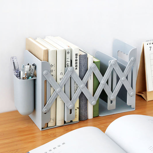Expandable Bookend Organizer with Pen Holder — Adjustable Retractable Book Stand for Home Office Desk