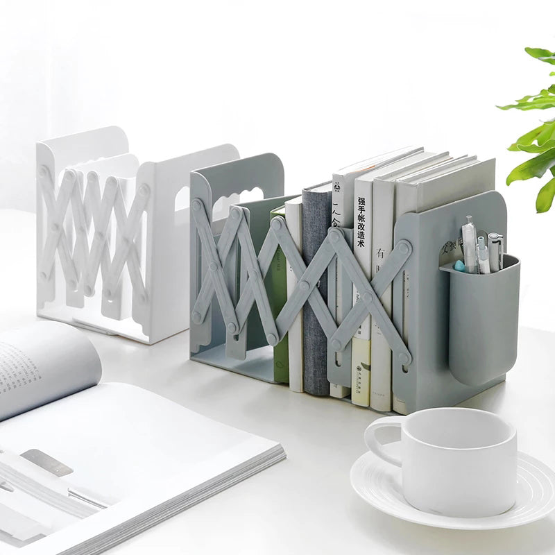 Expandable Bookend Organizer with Pen Holder — Adjustable Retractable Book Stand for Home Office Desk