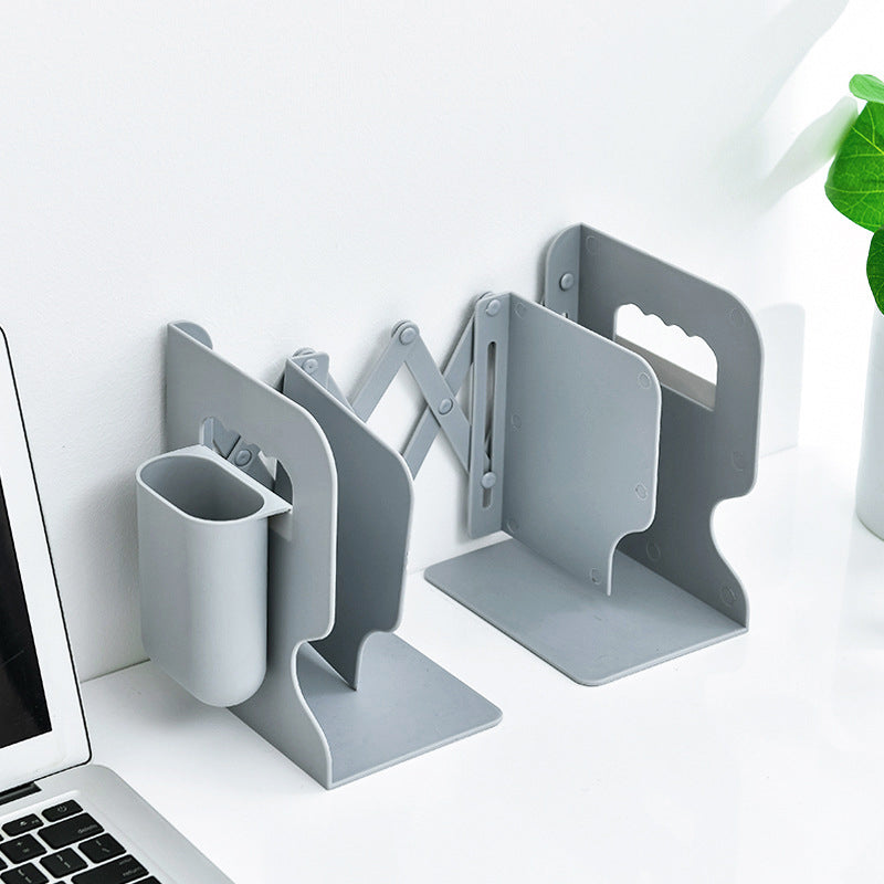Expandable Bookend Organizer with Pen Holder — Adjustable Retractable Book Stand for Home Office Desk