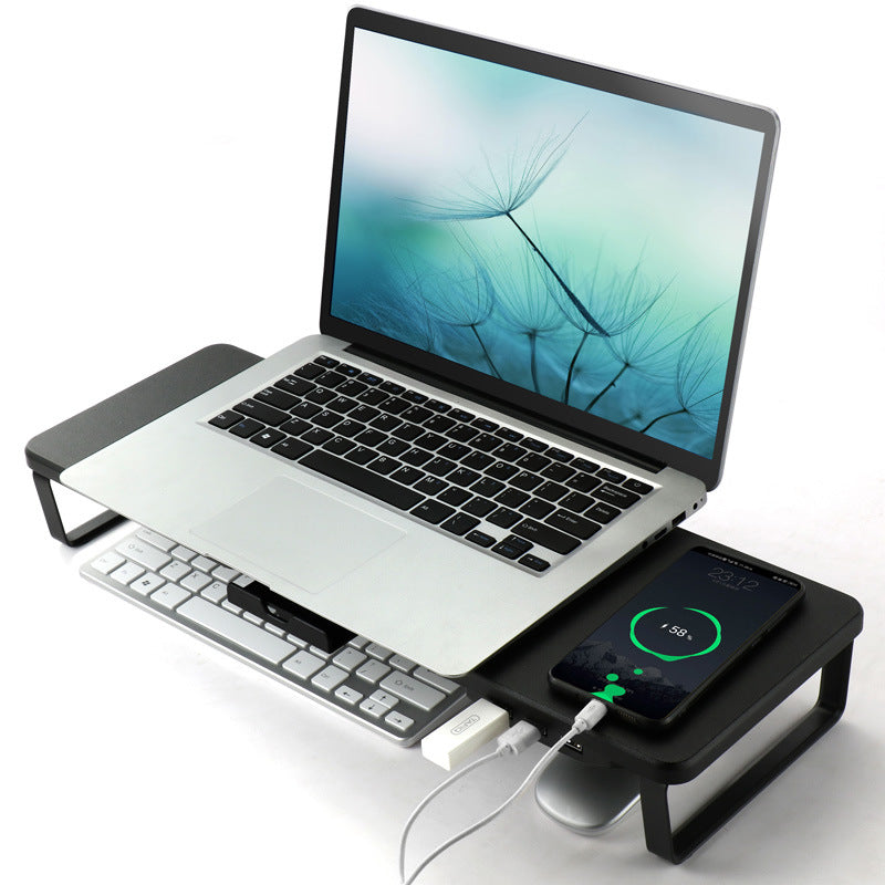 Monitor Stand Riser with USB Ports — Wood & Metal Desk Riser with Phone Holder for Home Office