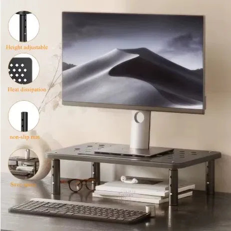 Adjustable Monitor Stand Riser — 3-Height Steel Desk Shelf with Under-Desk Storage | Home Office