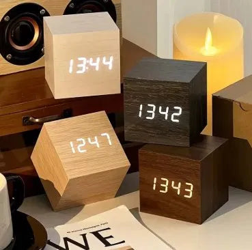 Wooden LED Cube Alarm Clock — Digital Desk Clock with Temperature Display & Sound Control | Home Office & Bedside