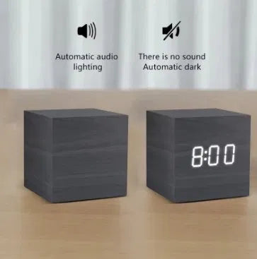 Wooden LED Cube Alarm Clock — Digital Desk Clock with Temperature Display & Sound Control | Home Office & Bedside
