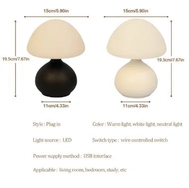 Minimalist Mushroom Table Lamp — USB Dimmable LED Night Light with 3 Color Temperatures | Home Office, Bedroom & Living Room